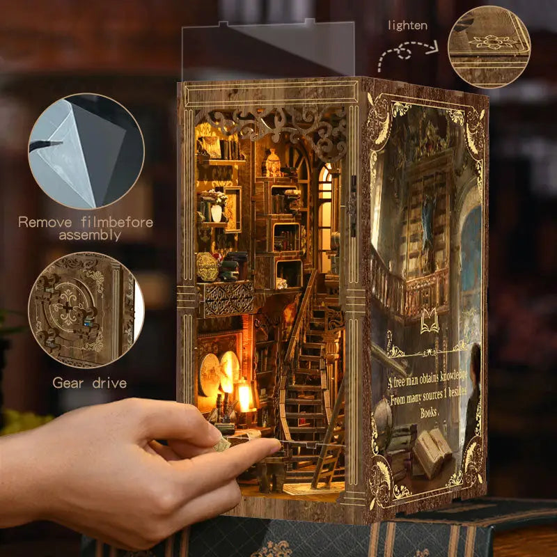 Golden century antique book collection nook diorama with gears