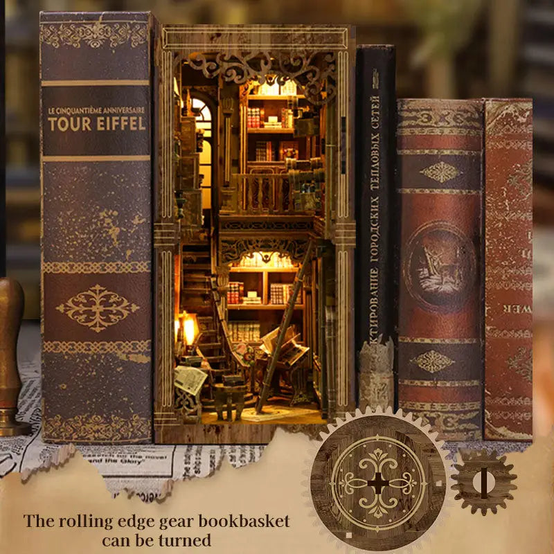 Golden century antique book collection nook with illuminated diorama