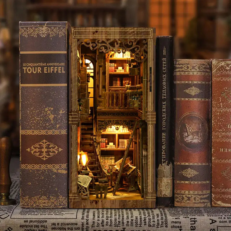Golden Century Antique Book Collection Nook with illuminated library diorama