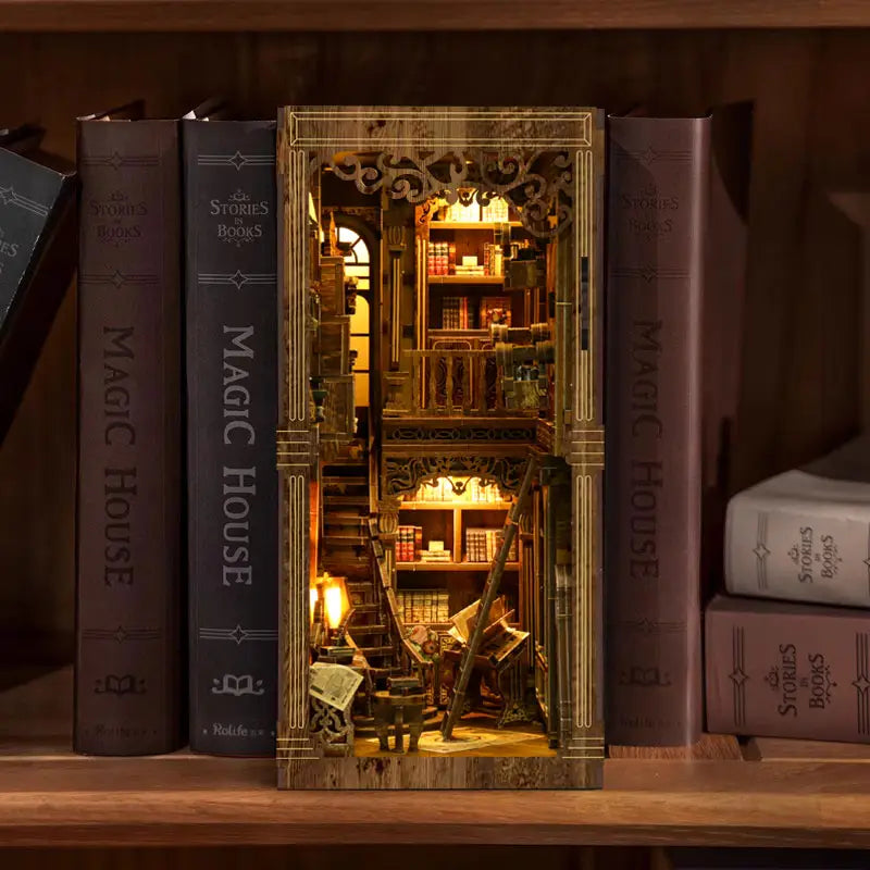 Golden century antique book collection nook with intricate wooden miniature library