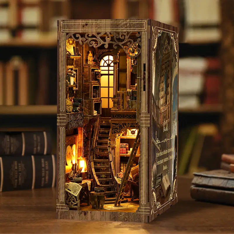 Golden century antique book collection nook with carved wooden diorama