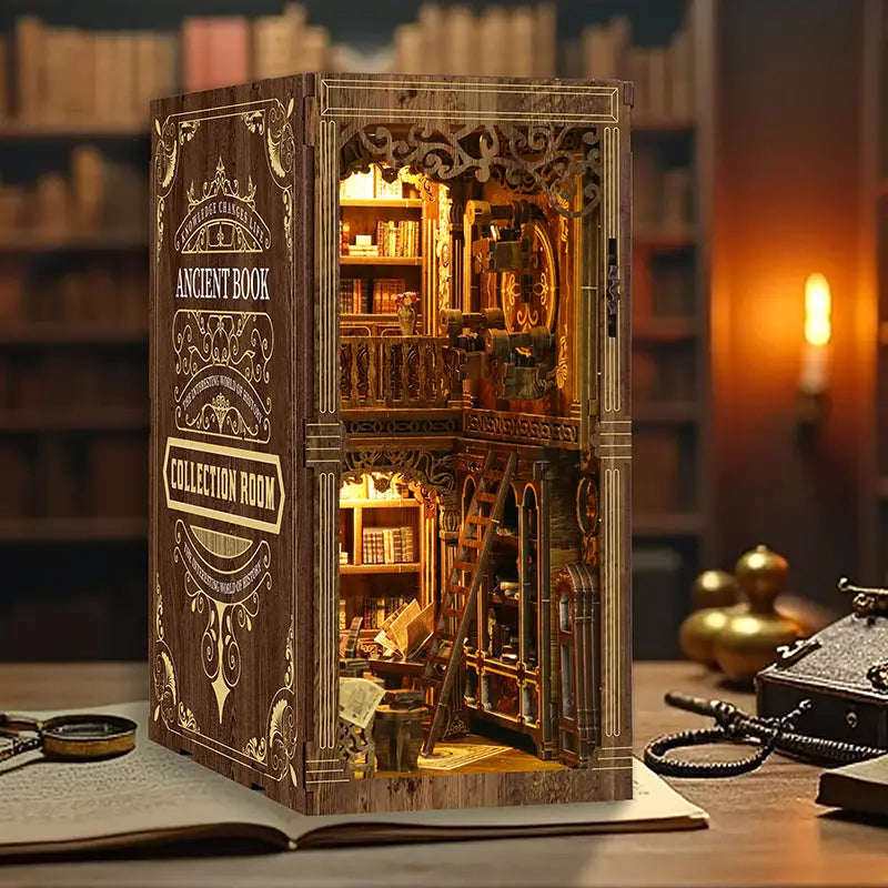 Golden century antique book collection nook with carved wooden diorama
