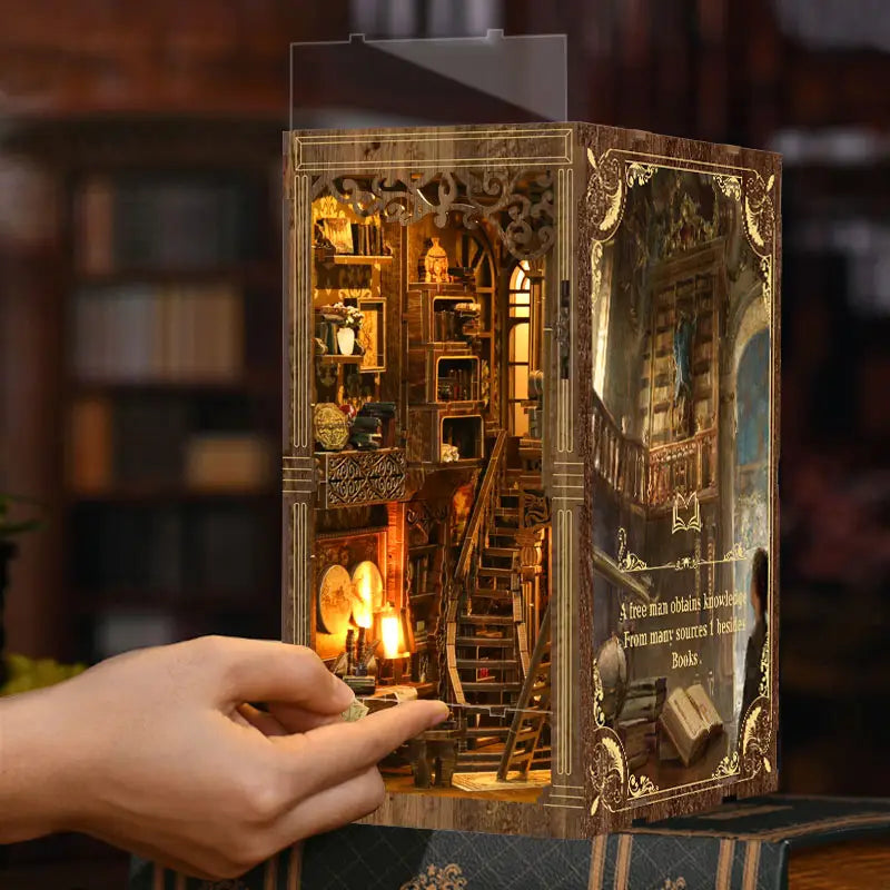 Golden century antique book collection nook diorama with tiny books and warm lighting