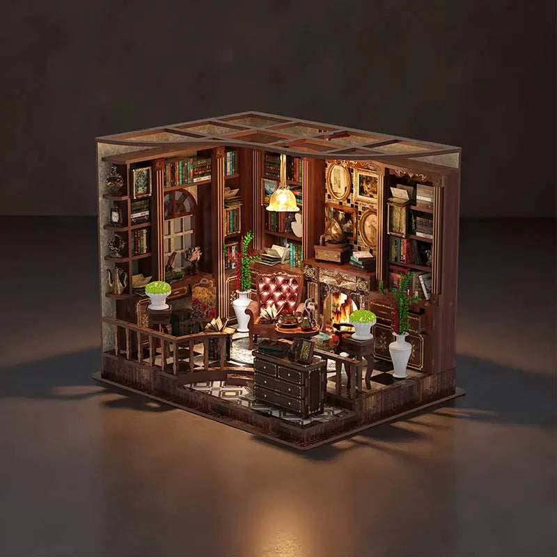 Parisian Left Bank Study Kit: mini dollhouse library with dark wood and cozy fireplace