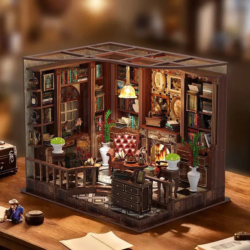 Parisian Left Bank Study Kit: miniature dollhouse library with dark wood and cozy armchair