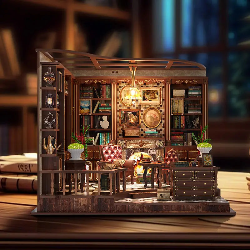 Victorian left bank study diorama with warm wood and gold details