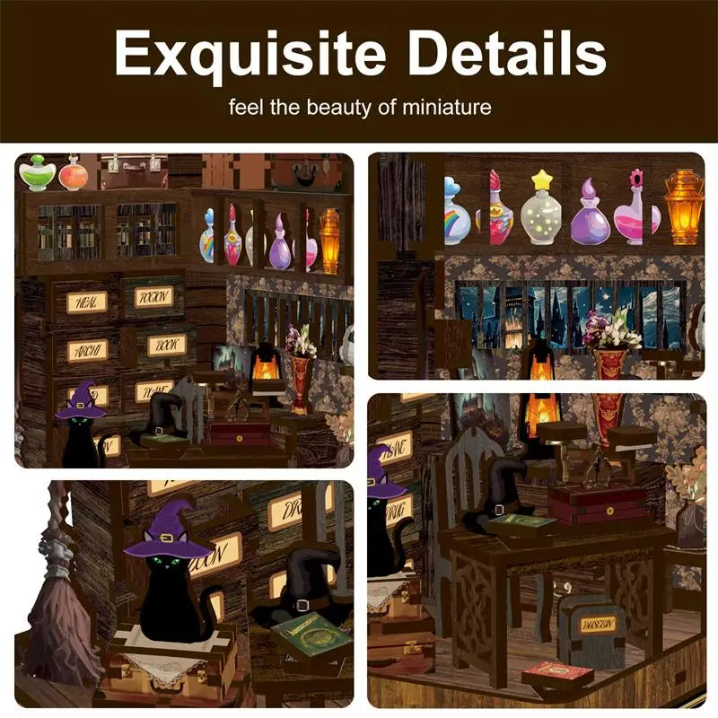 Miniature potion bottles in vibrant colors in Magic Book House witch study
