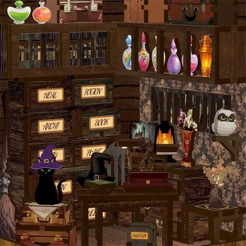 Black cat in witch hat on trunks in magic book house apothecary kit