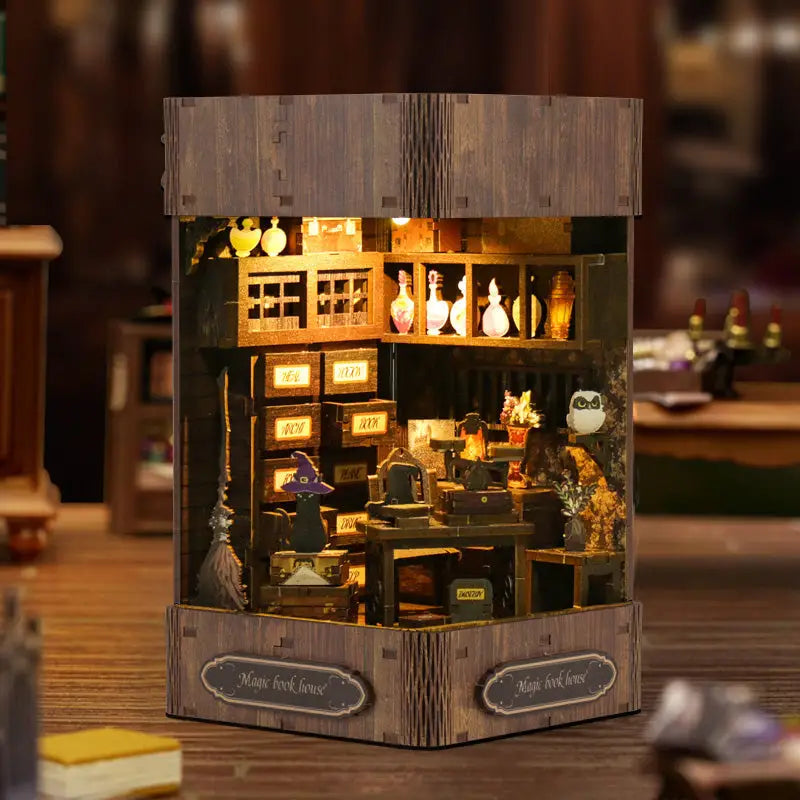 Magic book house diorama with warm lit shelves, bottles, and figurines