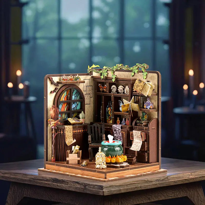 Magic potion workshop book nook kit with wooden miniature bookshelf and stained glass window