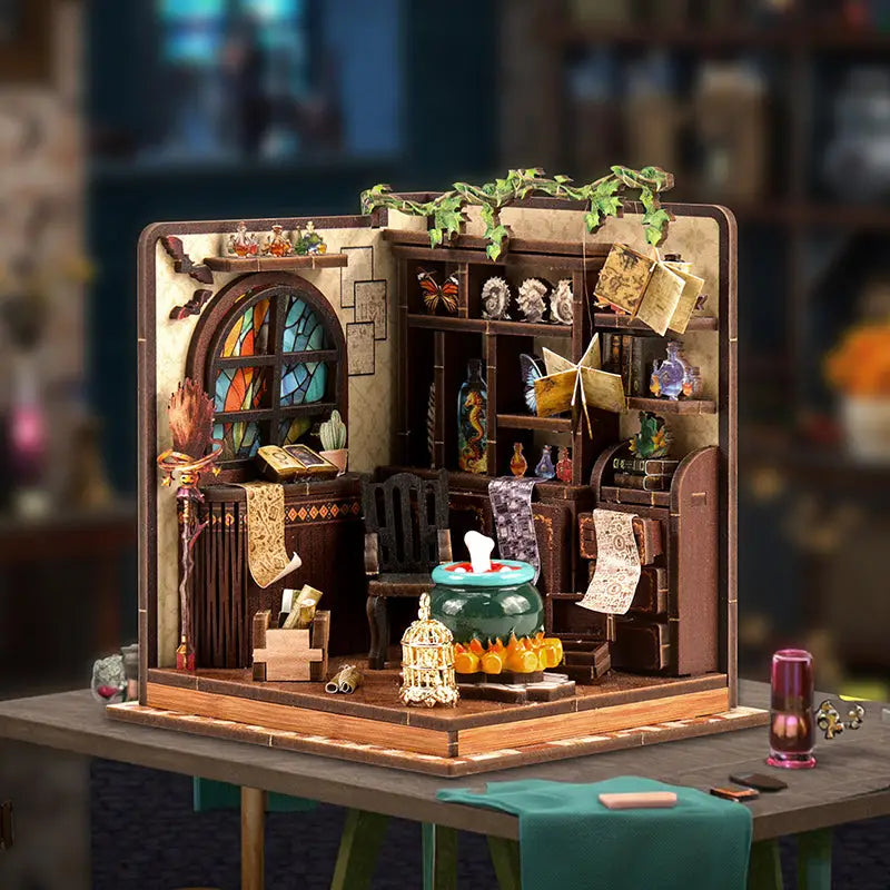 Miniature wizards study diorama in Magic Potion Workshop Book Nook Kit