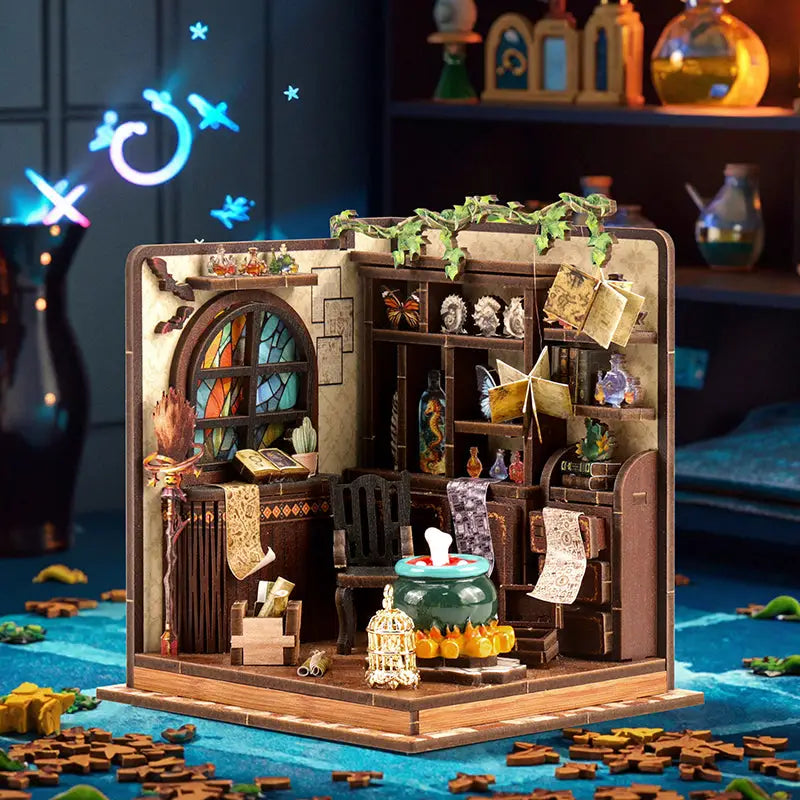 Magic potion workshop book nook diorama with wizard study details