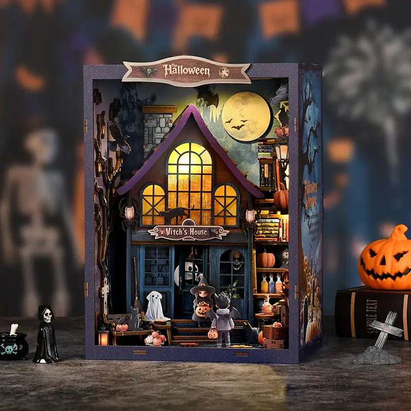 Magical night Halloween book nook with witch house Australia