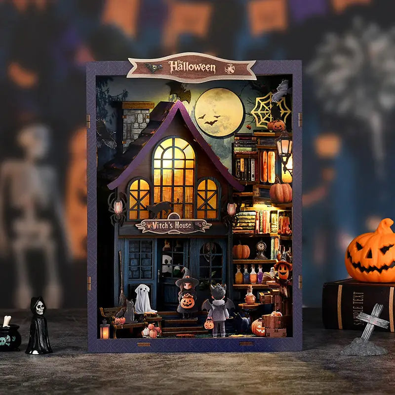 Magical night Halloween book nook: witchs house with purple roof, glowing windows, Australia