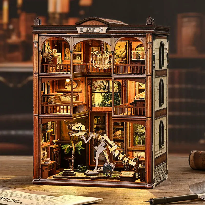 Detailed wooden Museum of Ancient Wonders book nook with fossil displays and tiny dinosaur skeletons