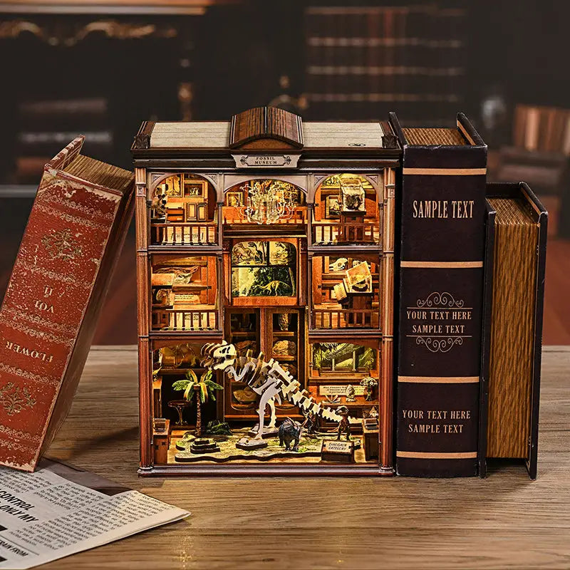Museum of Ancient Wonders book nook with dino skeleton diorama