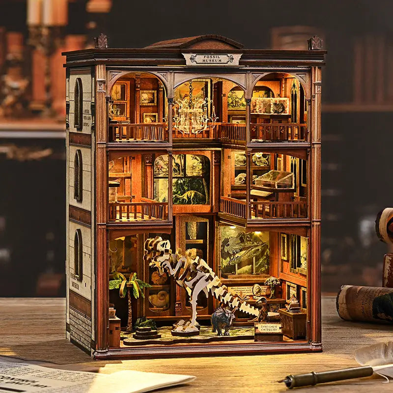 Detailed wooden Museum of Ancient Wonders book nook with dinosaur fossils