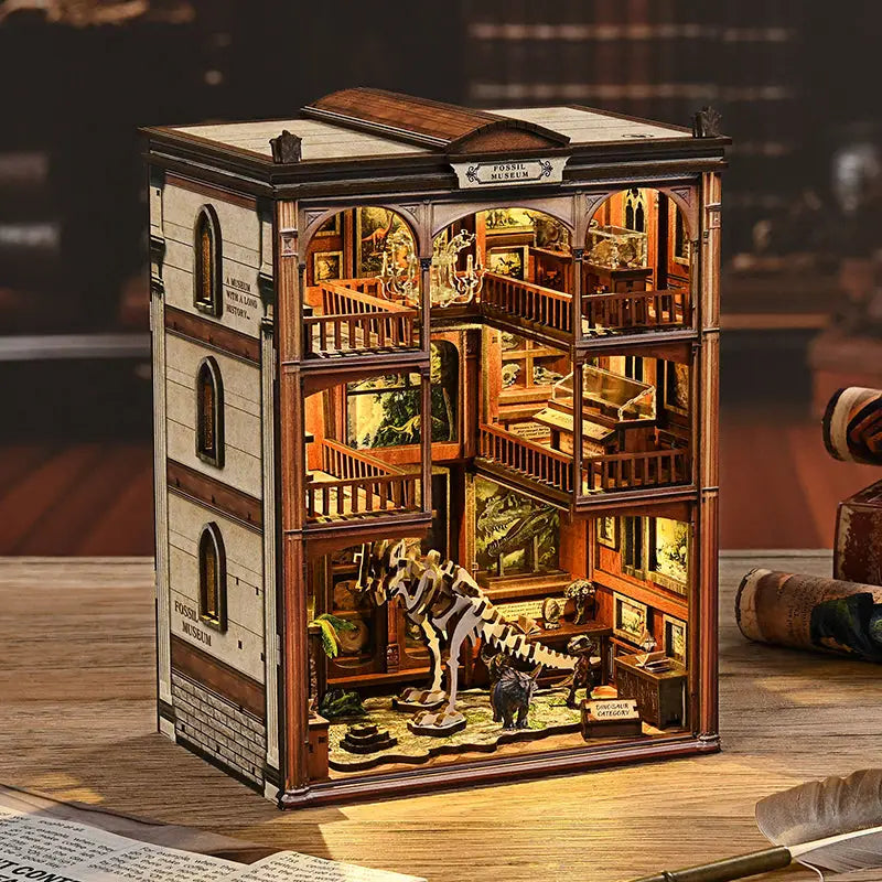 Detailed wooden Museum of Ancient Wonders book nook with fossil exhibits