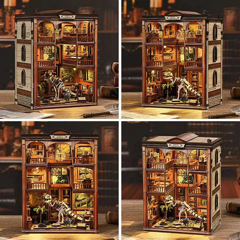 Detailed wooden Museum of Ancient Wonders book nook with white dinosaur skeleton