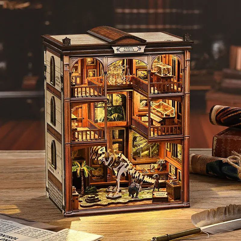 Detailed wooden fossil diorama in Museum of Ancient Wonders book nook with dinosaur skeleton