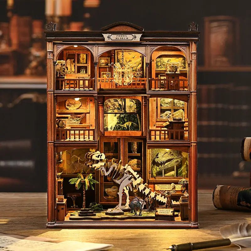 Museum of Ancient Wonders book nook diorama with white dinosaur skeleton