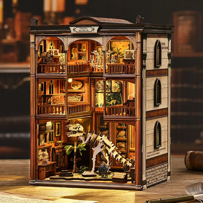 Detailed wooden Museum of Ancient Wonders book nook with white dinosaur skeleton