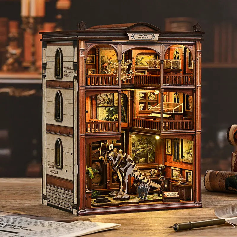 Detailed wooden Museum of Ancient Wonders book nook with fossil exhibits