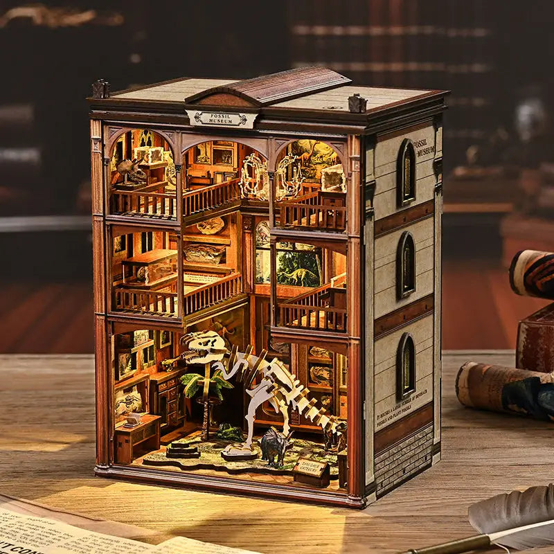 Detailed wooden Museum of Ancient Wonders book nook with fossil exhibits