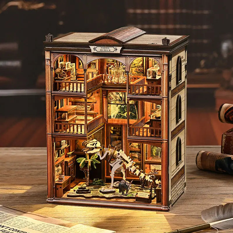 Detailed wooden Museum of Ancient Wonders book nook with dinosaur skeleton
