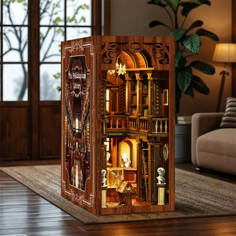 Philosophical library book nook kit with carved wooden bookshelf, Australia