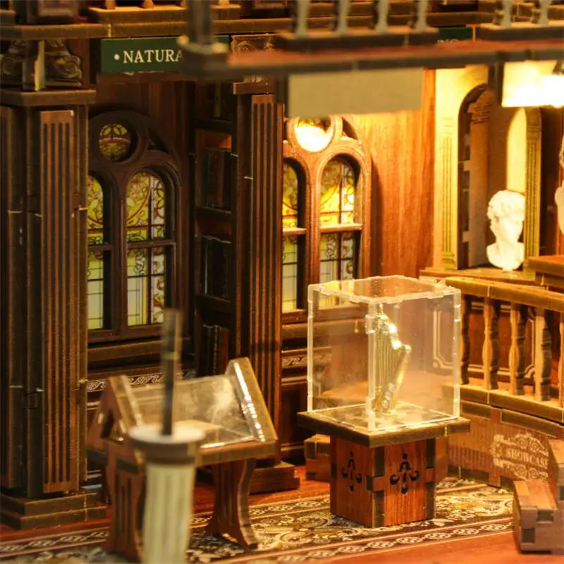 Miniature philosophical library book nook kit with golden harp, Australia