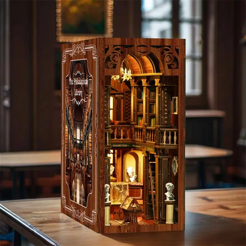 Philosophical library book nook kit Australia with intricate wooden shelves