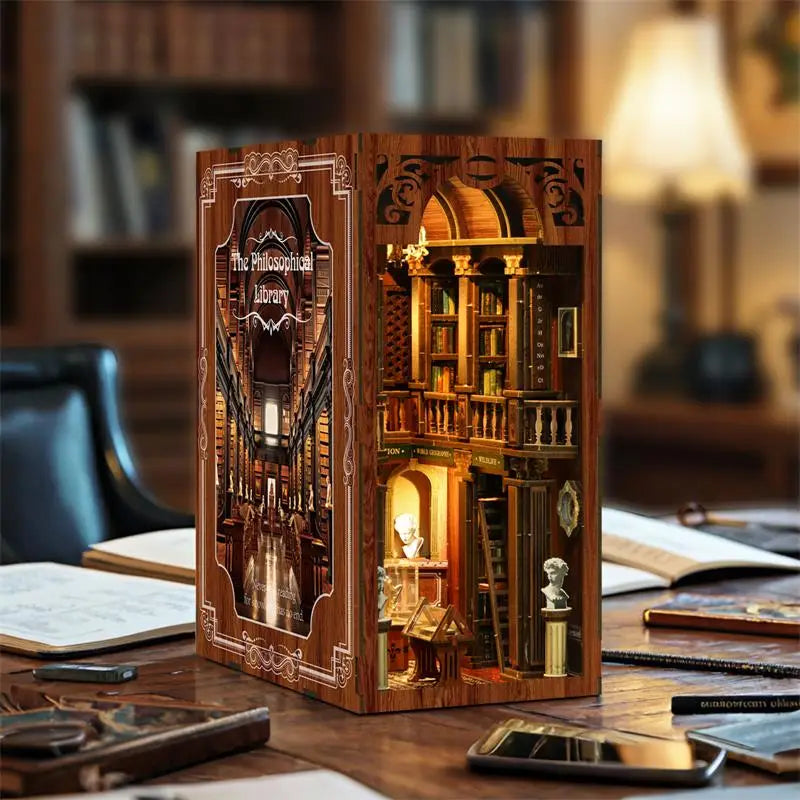 Philosophical library book nook kit Australia with warm lit wooden lantern