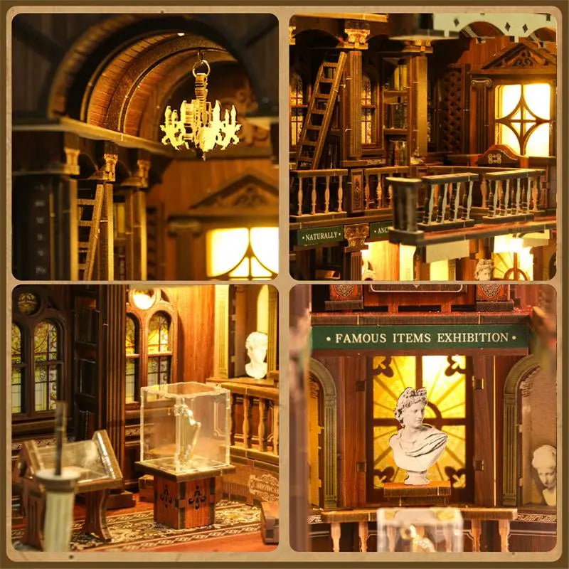Detailed philosophical library book nook kit with ornate wooden arches, bookshelves, chandelier, Australia