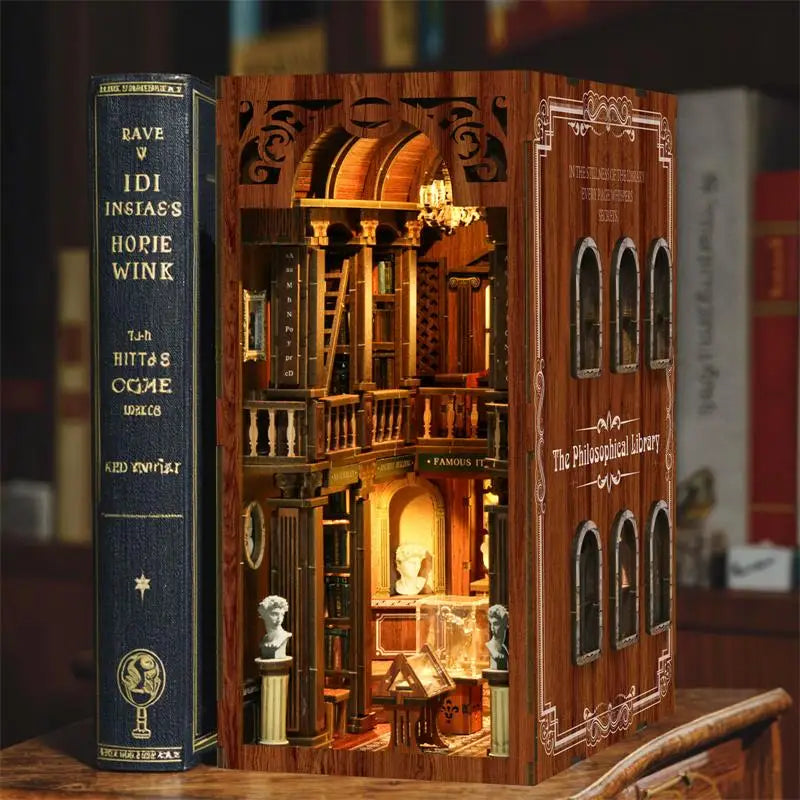 Philosophical library book nook kit Australia miniature wooden shelf