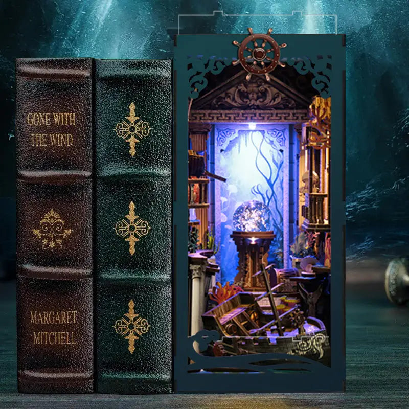 Dark teal book nook with brass wheel revealing deep sea mystery underwater scene