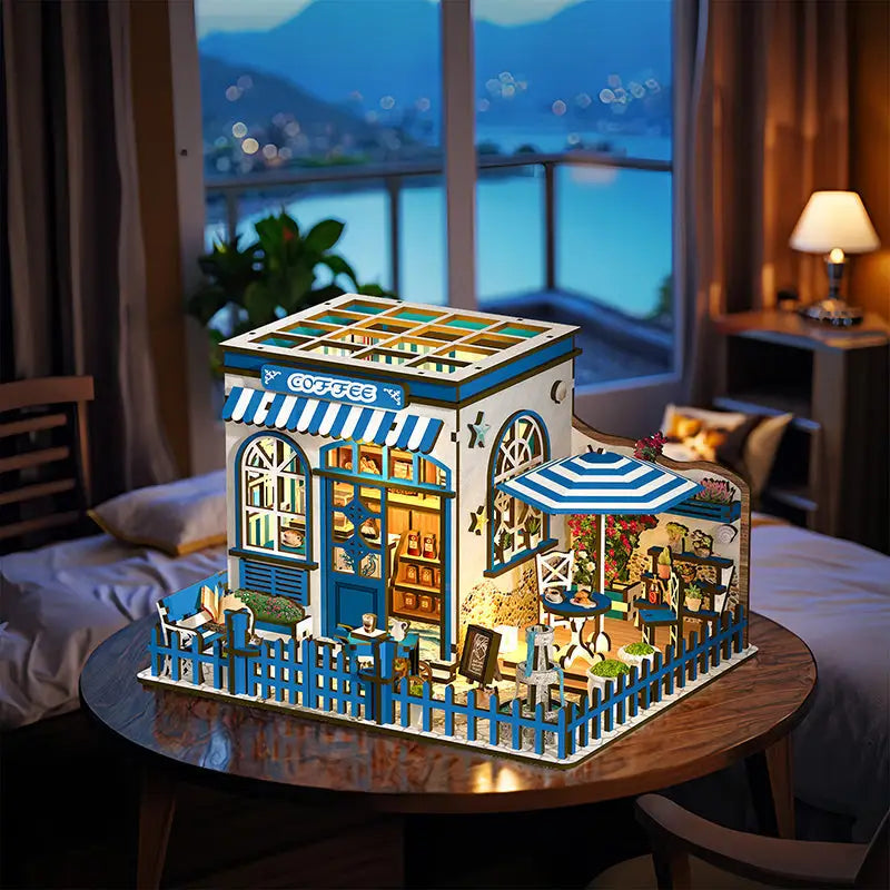 Santorini Coffee Book Nook Australia: mini diorama with blue awning