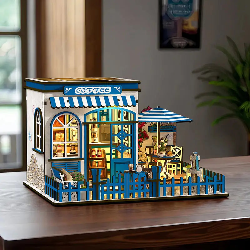 Santorini Coffee Book Nook Australia: blue white striped awning coffee cart dollhouse with lit interior
