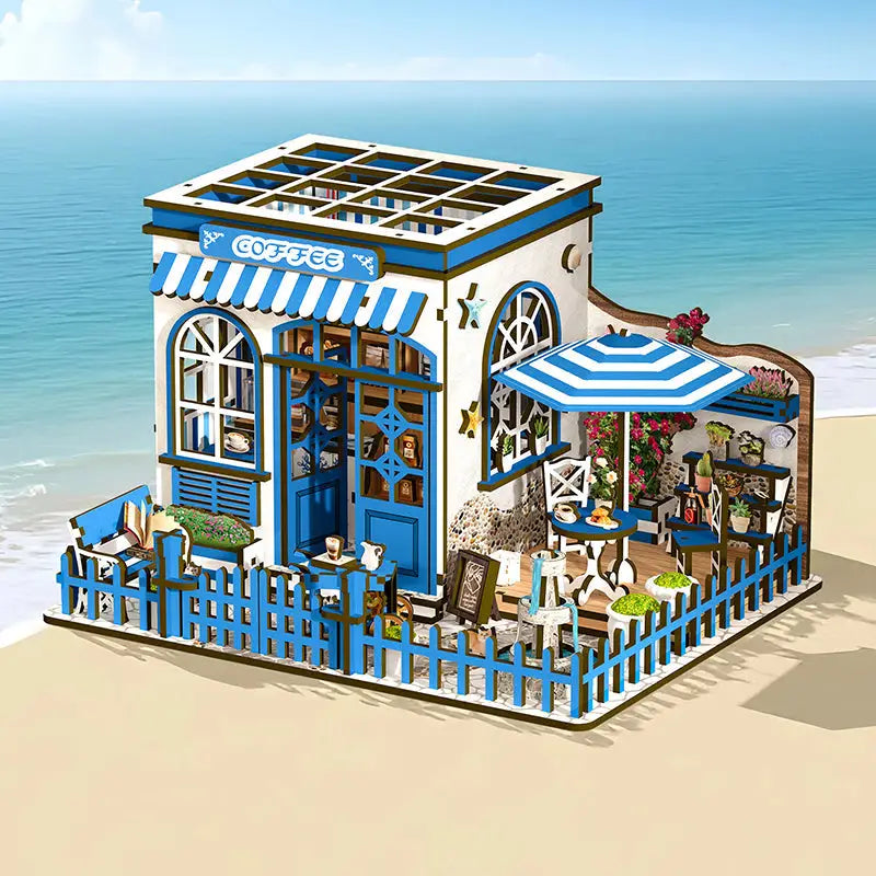 Santorini Coffee Book Nook Australia: blue white dollhouse cafe with patio