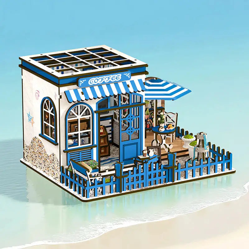 Santorini book nook Australia: mini wooden coffee cart with blue striped awning