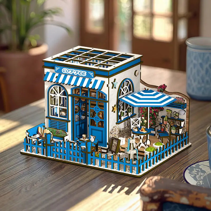 Santorini Coffee Book Nook Australia: blue white striped mini coffee cart diorama