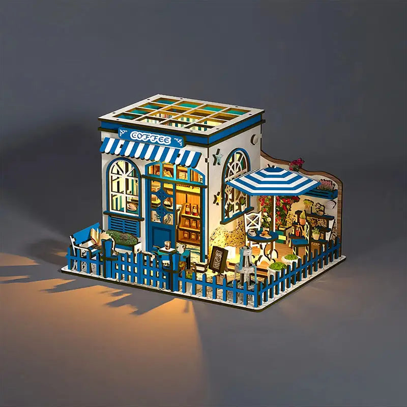 Santorini Coffee Book Nook Australia: blue and white striped mini coffee cart diorama