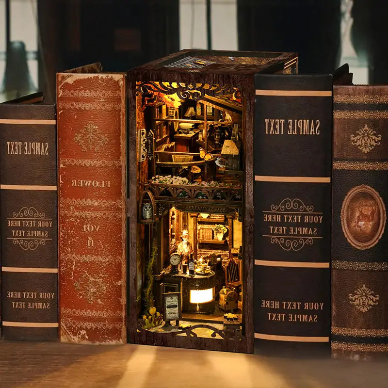 Miniature serenity coffee house book nook diorama in vintage bookshelf