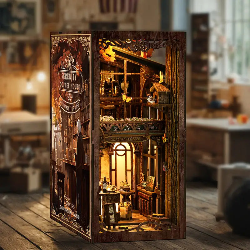 Detailed wooden Serenity Coffee House book nook diorama with warm lighting