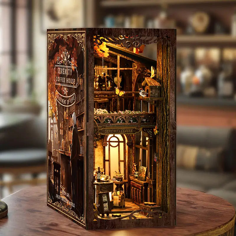 Serenity Coffee House book nook kit with detailed wooden diorama