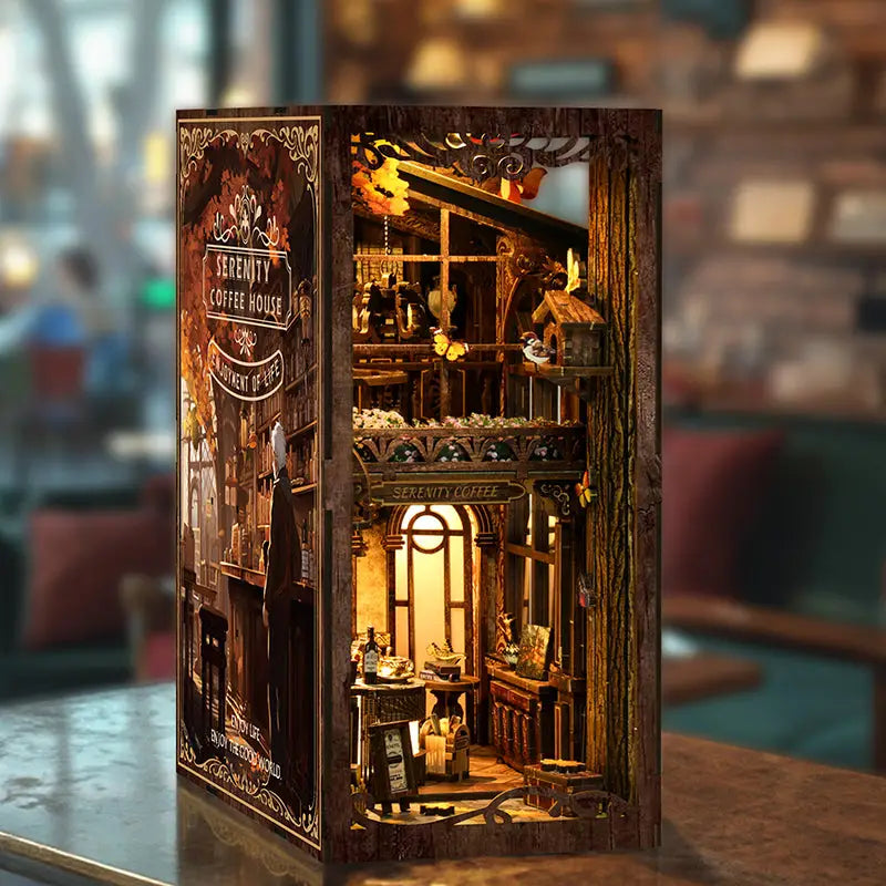 Serenity Coffee House book nook kit diorama with warm lighting