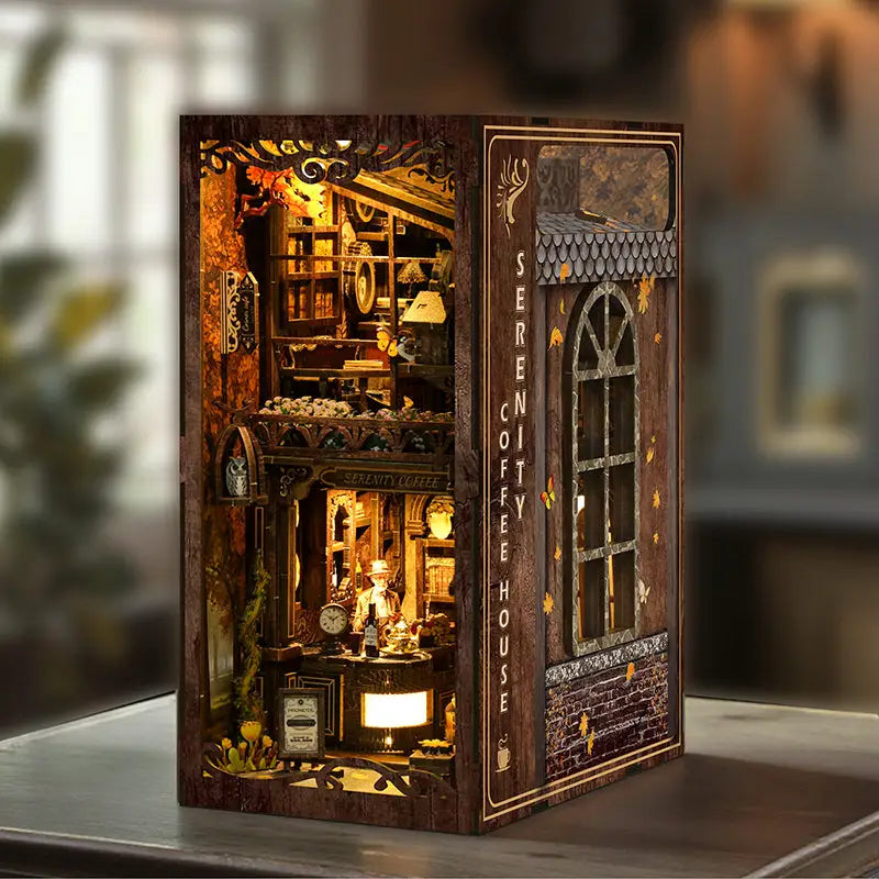 Serenity Coffee House book nook kit diorama with warm lighting