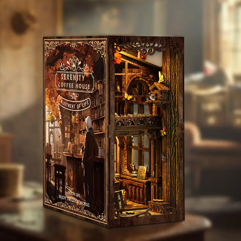 Serenity Coffee House book nook kit diorama with ornate wooden carvings