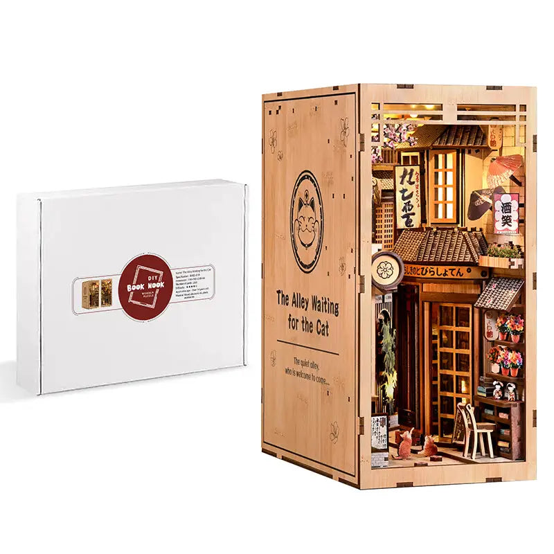 Alley cat cafe book nook: wooden DIY Japanese miniature dollhouse with warm lighting