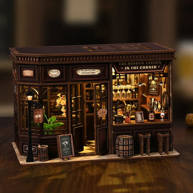 Dark brown wooden corner tavern miniature kit with touch switch lighting